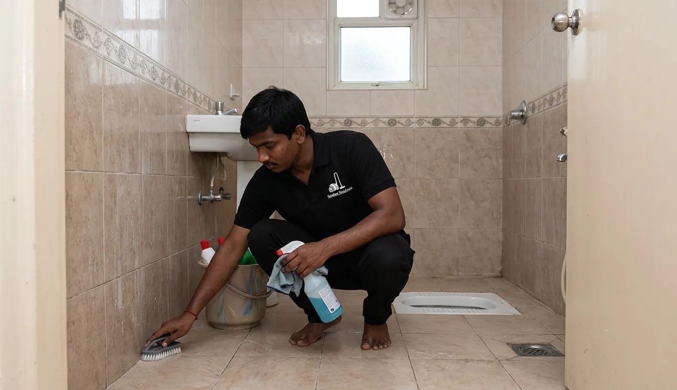 Bathroom cleaning before move-in at a Hyderabad apartment Bathroom cleaning before move-in at a Hyderabad apartment